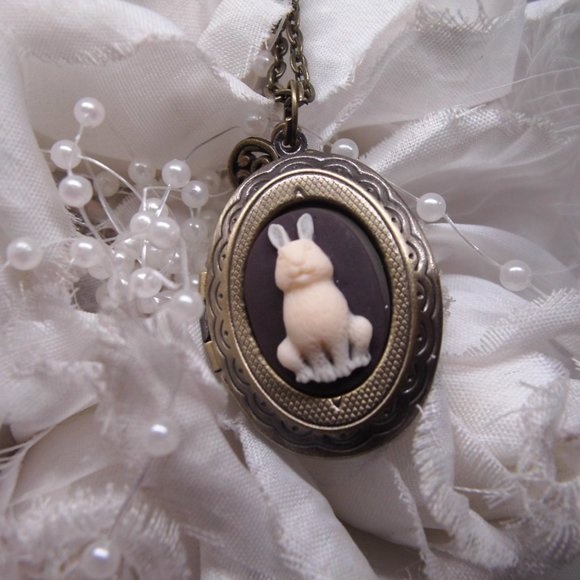 Bronze BUNNY Rabbit Cameo locket Necklace Mourning - Picture 4 of 7